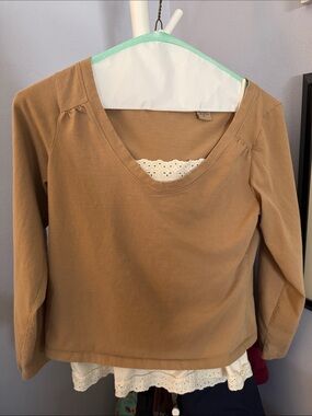 Ruff Hewn Layered V-Neck Long Sleeve Top in Tan with White Eyelet